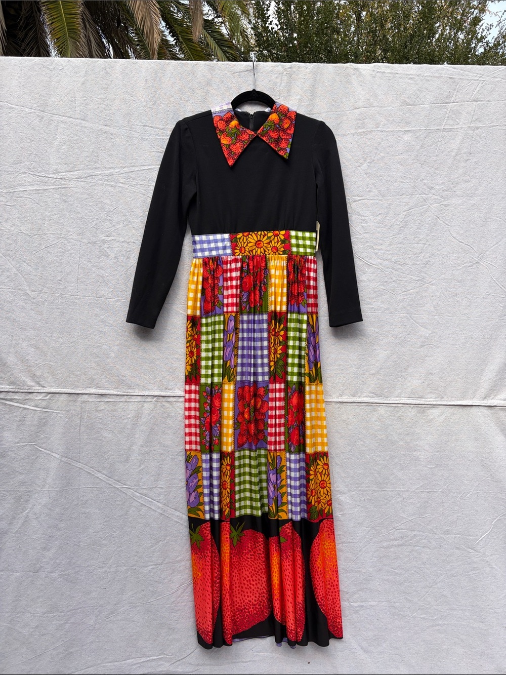 Black Bodice Maxi Dress with Multicolor Floral Patchwork Skirt